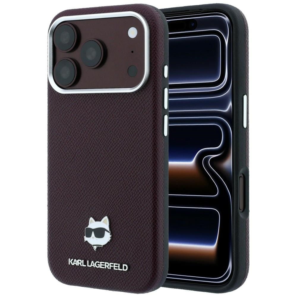 Karl Lagerfeld iPhone 17 Pro / iPhone 18 Pro - Σκληρή Θήκη με Επένδυση Οικολογικού Δέρματος - Grained Choupette Head Metal MagSafe - Burgundy