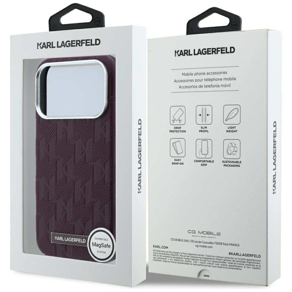 Karl Lagerfeld iPhone 17 Pro / iPhone 18 Pro - Σκληρή Θήκη με Επένδυση Οικολογικού Δέρματος - Grained Mono Resin Logo MagSafe - Burgundy