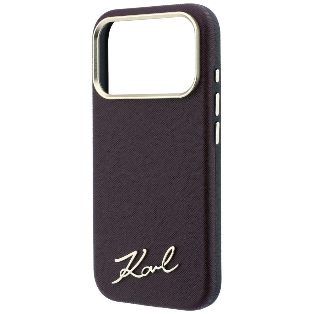 Karl Lagerfeld iPhone 17 Pro / iPhone 18 Pro - Σκληρή Θήκη με Επένδυση Συνθετικού Δέρματος και Πλαίσιο Σιλικόνης - Saffiano Small Script Metal Logo MagSafe - Burgundy