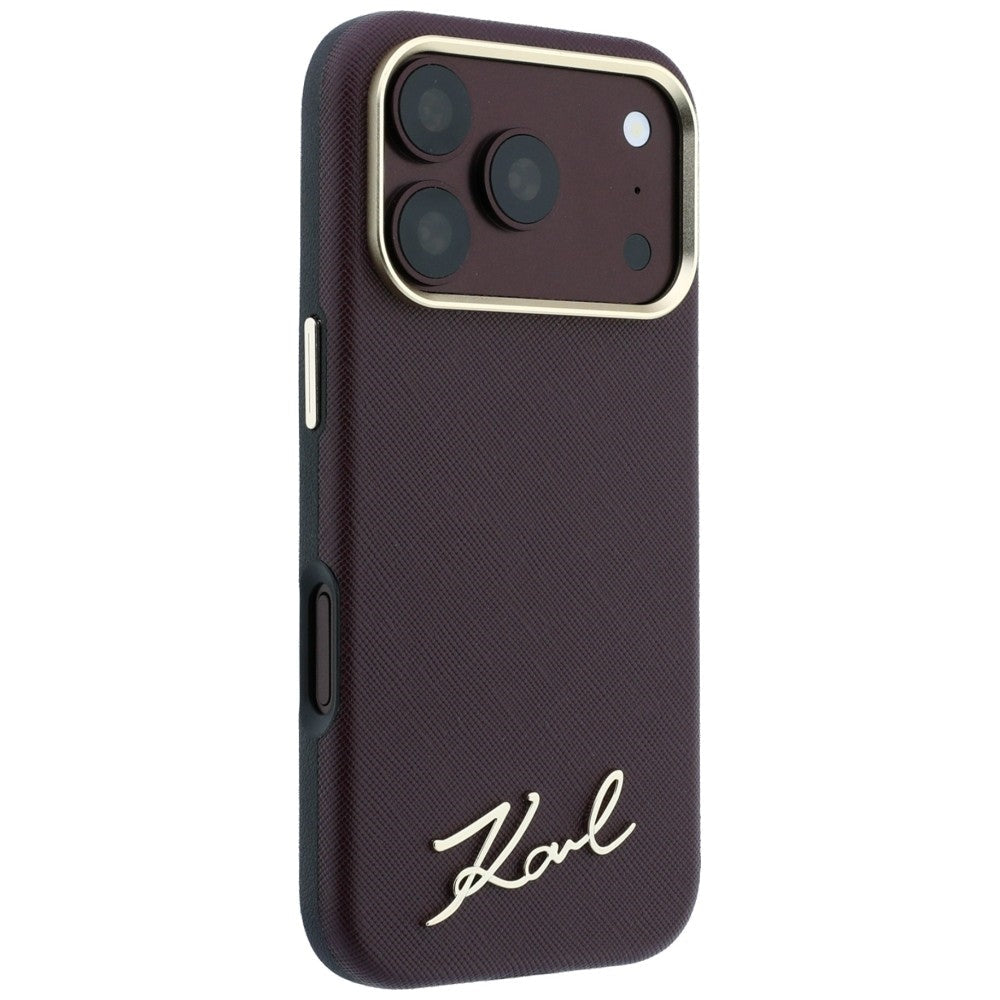Karl Lagerfeld iPhone 17 Pro / iPhone 18 Pro - Σκληρή Θήκη με Επένδυση Συνθετικού Δέρματος και Πλαίσιο Σιλικόνης - Saffiano Small Script Metal Logo MagSafe - Burgundy