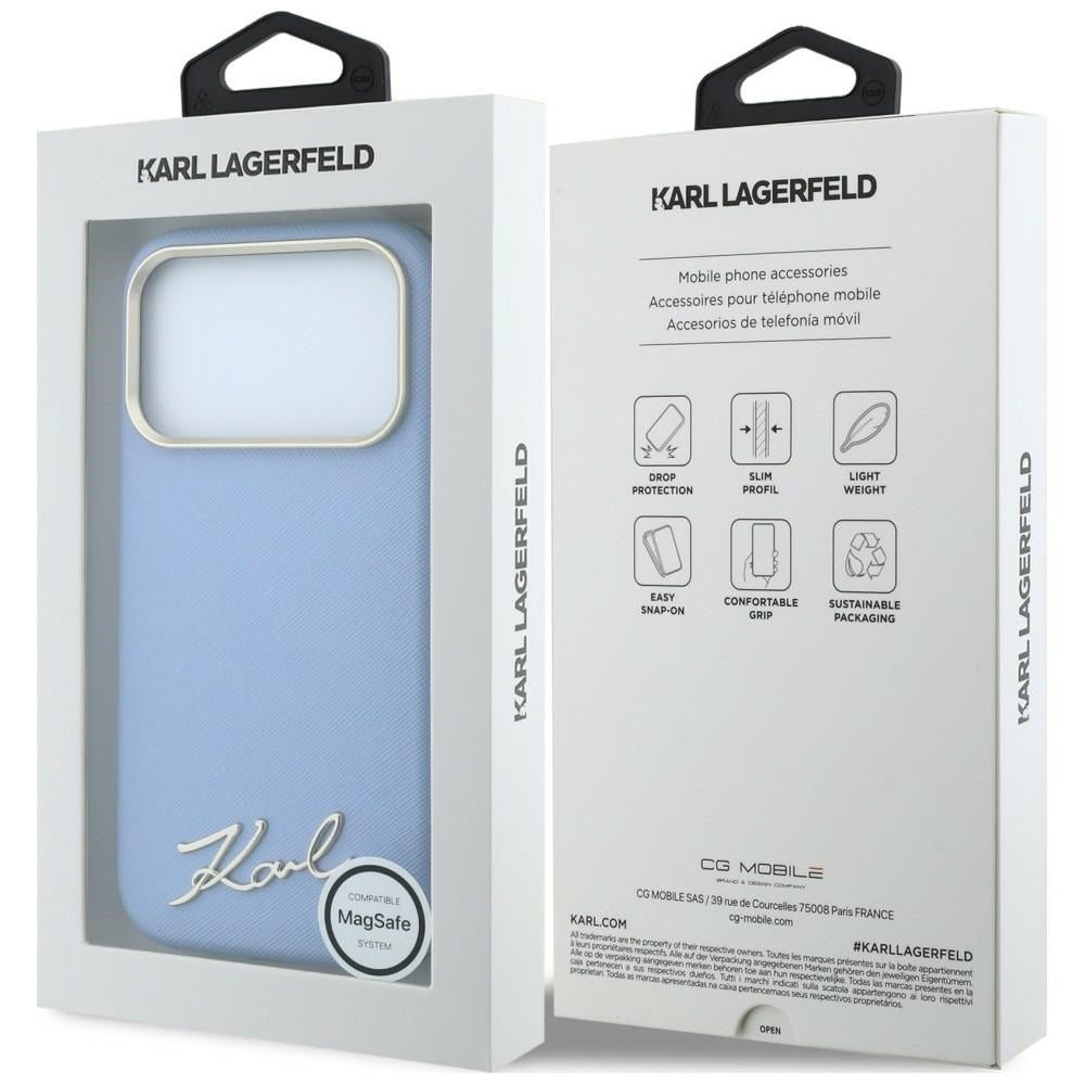 Karl Lagerfeld iPhone 17 Pro / iPhone 18 Pro - Σκληρή Θήκη με Επένδυση Συνθετικού Δέρματος και Πλαίσιο Σιλικόνης - Saffiano Small Script Metal Logo MagSafe - Light Blue