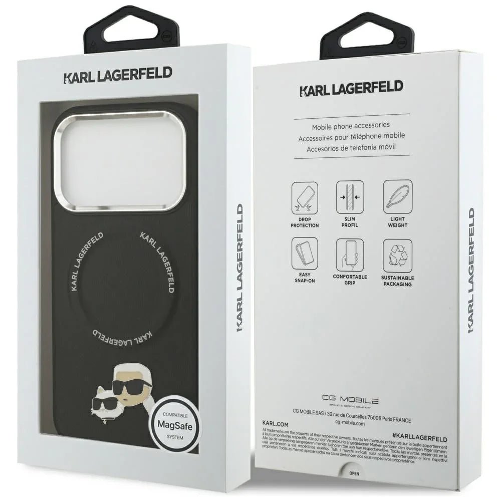 Karl Lagerfeld iPhone 17 Pro - Karl and Choupette Pins MagSafe - Σκληρή Θήκη με Επένδυση Συνθετικού Δέρματος - Black
