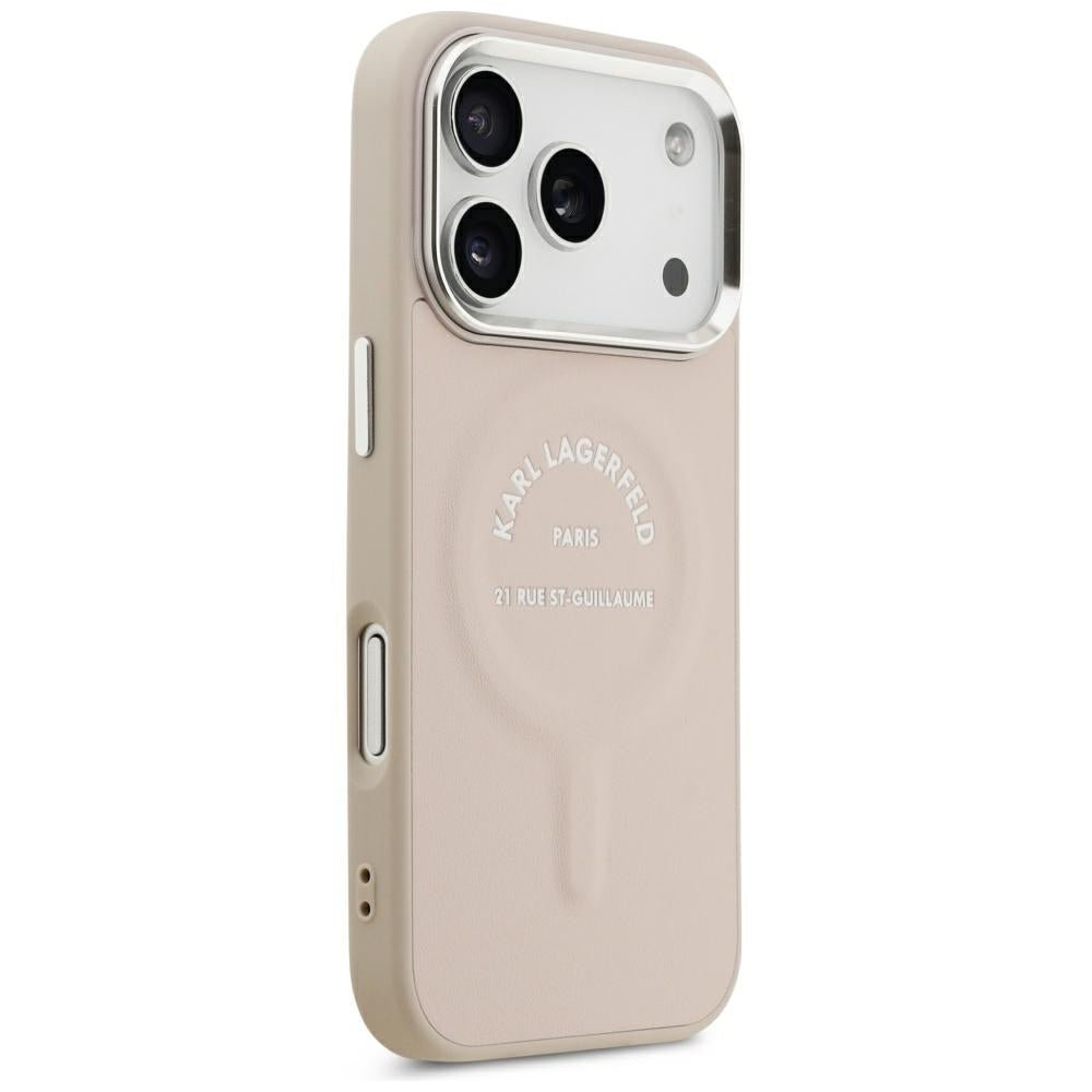 Karl Lagerfeld iPhone 17 Pro Max / iPhone 18 Pro Max - Σκληρή Θήκη με Επένδυση Οικολογικού Δέρματος - Embossed Open Ring RSG Logo MagSafe - Pink