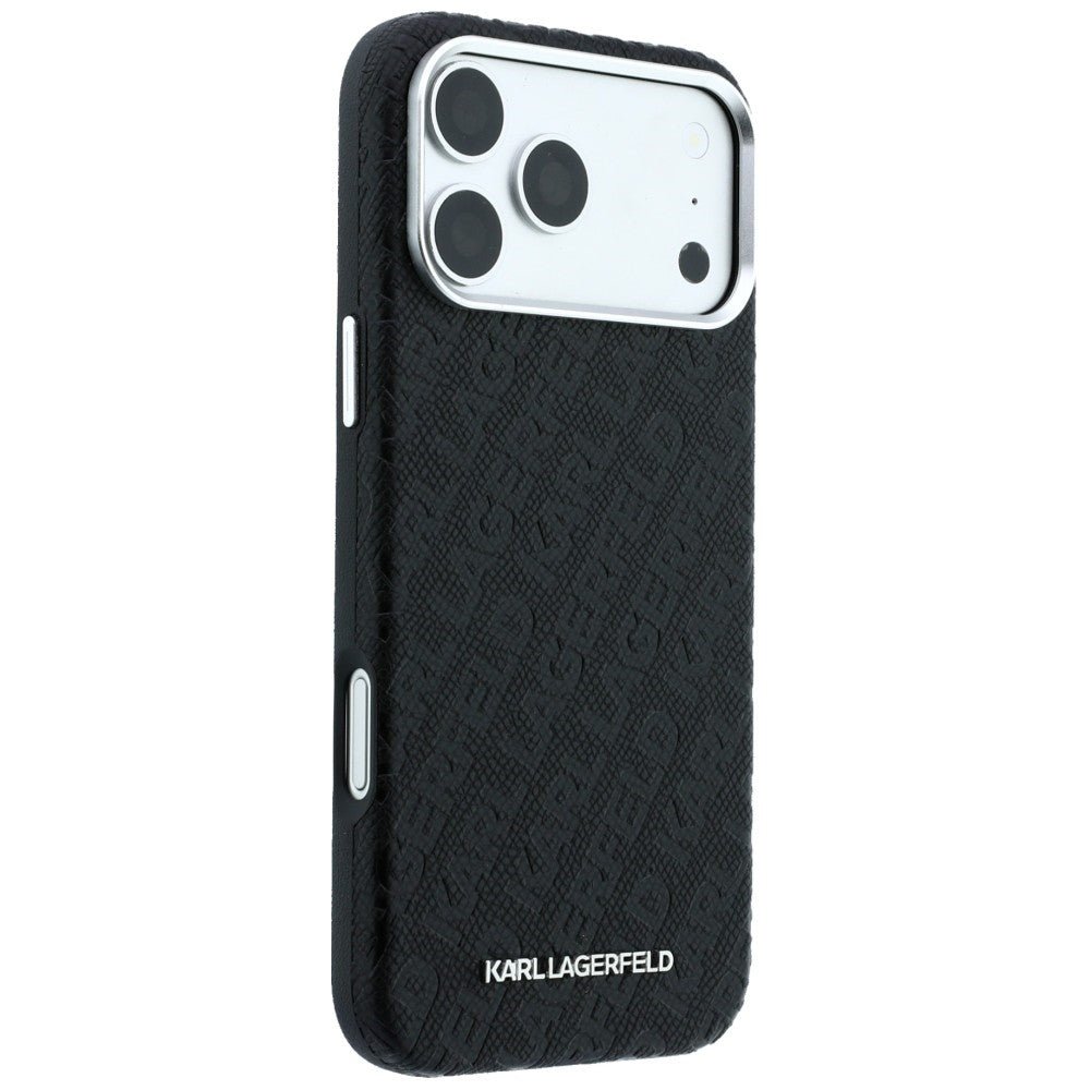 Karl Lagerfeld iPhone 17 Pro Max / iPhone 18 Pro Max - Σκληρή Θήκη με Επένδυση Οικολογικού Δέρματος - Grained Allover Logo Metal Elongated Magsafe - Black