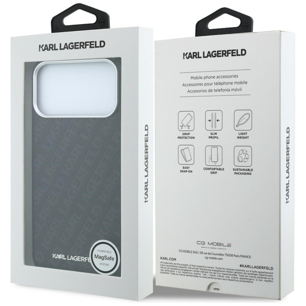 Karl Lagerfeld iPhone 17 Pro Max / iPhone 18 Pro Max - Σκληρή Θήκη με Επένδυση Οικολογικού Δέρματος - Grained Allover Logo Metal Elongated Magsafe - Black