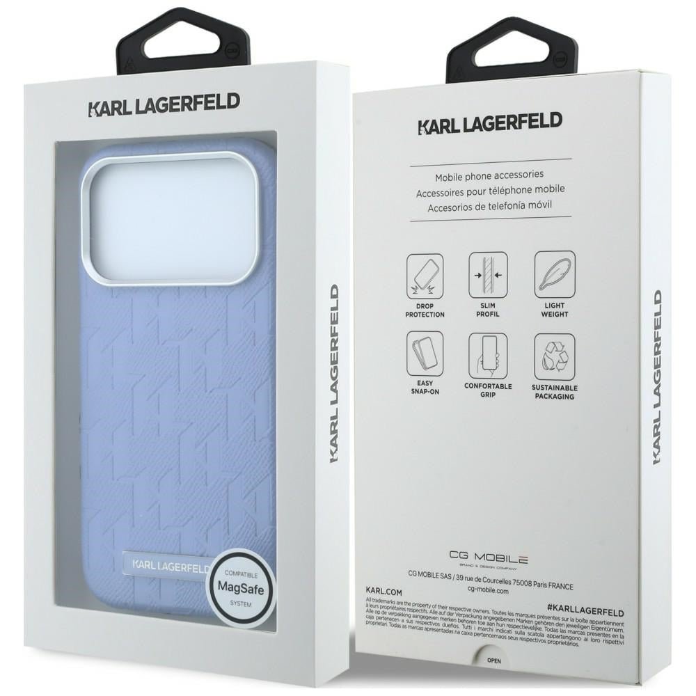 Karl Lagerfeld iPhone 17 Pro Max / iPhone 18 Pro Max - Σκληρή Θήκη με Επένδυση Οικολογικού Δέρματος - Grained Mono Resin Logo MagSafe - Light Blue