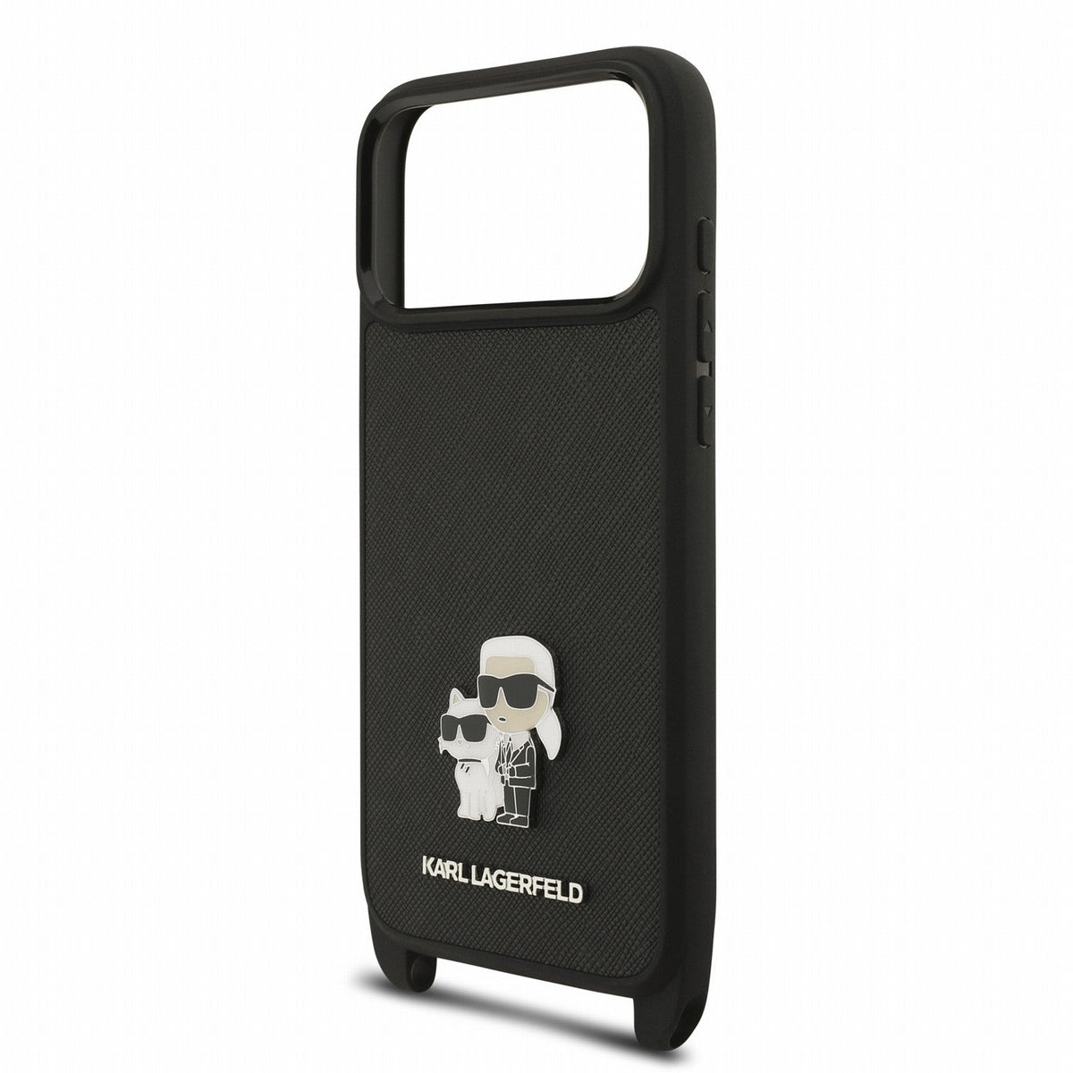 Karl Lagerfeld iPhone 17 Pro Max / iPhone 18 Pro Max - Σκληρή Θήκη με Επένδυση Συνθετικού Δέρματος και Πλαίσιο Σιλικόνης - Saffiano Crossbody Strap Metal Karl and Choupette - Black
