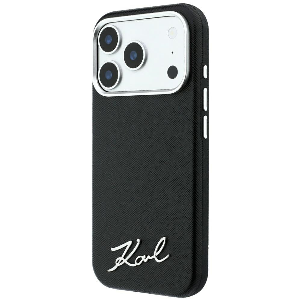 Karl Lagerfeld iPhone 17 Pro Max / iPhone 18 Pro Max - Σκληρή Θήκη με Επένδυση Συνθετικού Δέρματος και Πλαίσιο Σιλικόνης - Saffiano Small Script Metal Logo MagSafe - Black