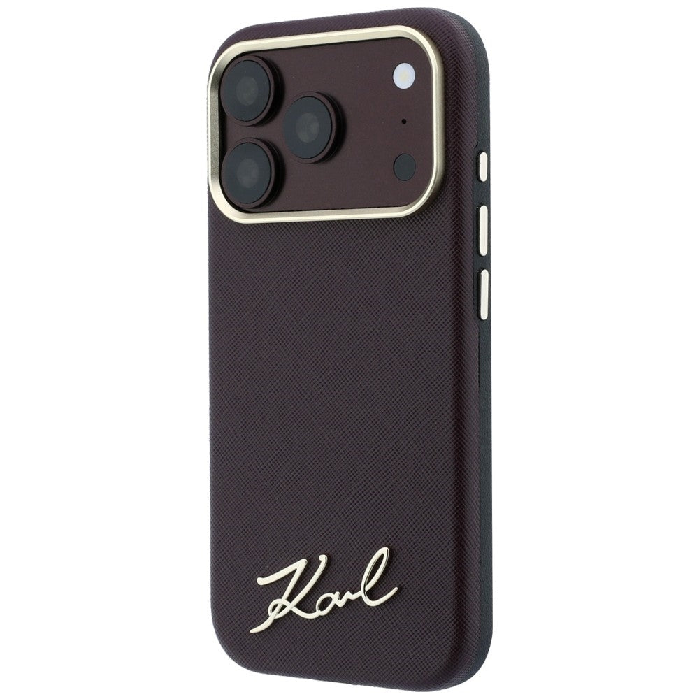 Karl Lagerfeld iPhone 17 Pro Max / iPhone 18 Pro Max - Σκληρή Θήκη με Επένδυση Συνθετικού Δέρματος και Πλαίσιο Σιλικόνης - Saffiano Small Script Metal Logo MagSafe - Burgundy