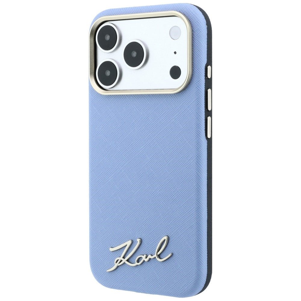 Karl Lagerfeld iPhone 17 Pro Max / iPhone 18 Pro Max - Σκληρή Θήκη με Επένδυση Συνθετικού Δέρματος και Πλαίσιο Σιλικόνης - Saffiano Small Script Metal Logo MagSafe - Light Blue