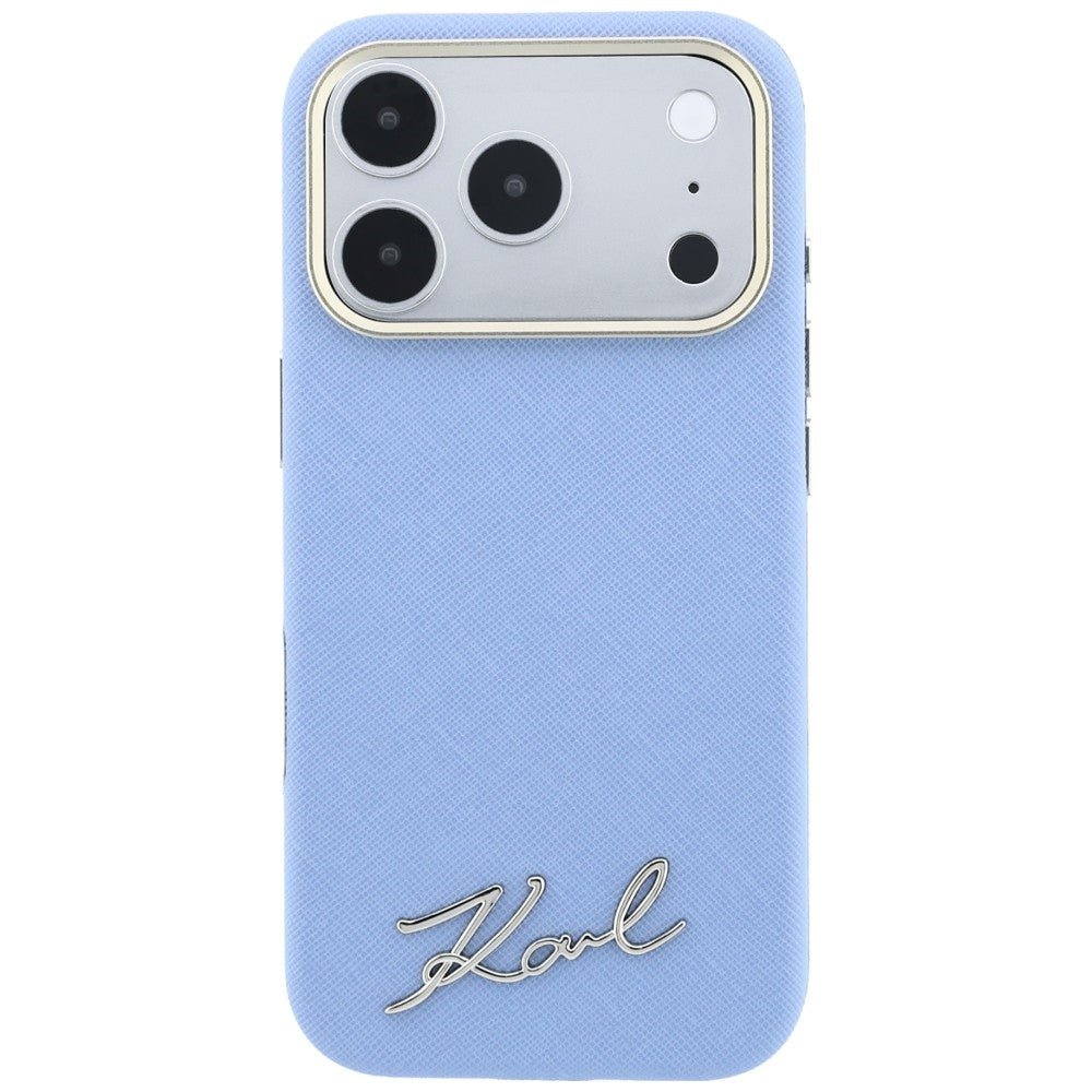 Karl Lagerfeld iPhone 17 Pro Max / iPhone 18 Pro Max - Σκληρή Θήκη με Επένδυση Συνθετικού Δέρματος και Πλαίσιο Σιλικόνης - Saffiano Small Script Metal Logo MagSafe - Light Blue