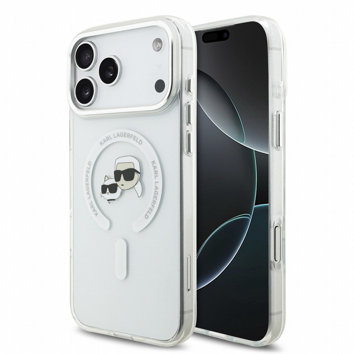 Karl Lagerfeld iPhone 17 Pro Max / iPhone 18 Pro Max - Σκληρή Θήκη με Πλαίσιο Σιλικόνης - IML K and CH Heads Metal Frame MagSafe - White