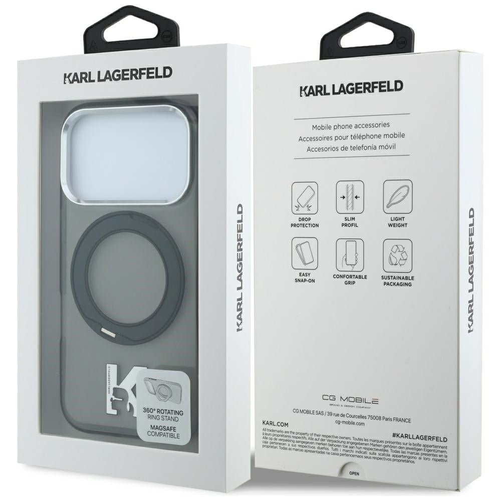 Karl Lagerfeld iPhone 17 Pro Max / iPhone 18 Pro Max - Σκληρή Θήκη με Πλαίσιο Σιλικόνης και Δαχτυλίδι Συγκράτησης - IML Ring Stand 360 Kameo Metal MagSafe - Black
