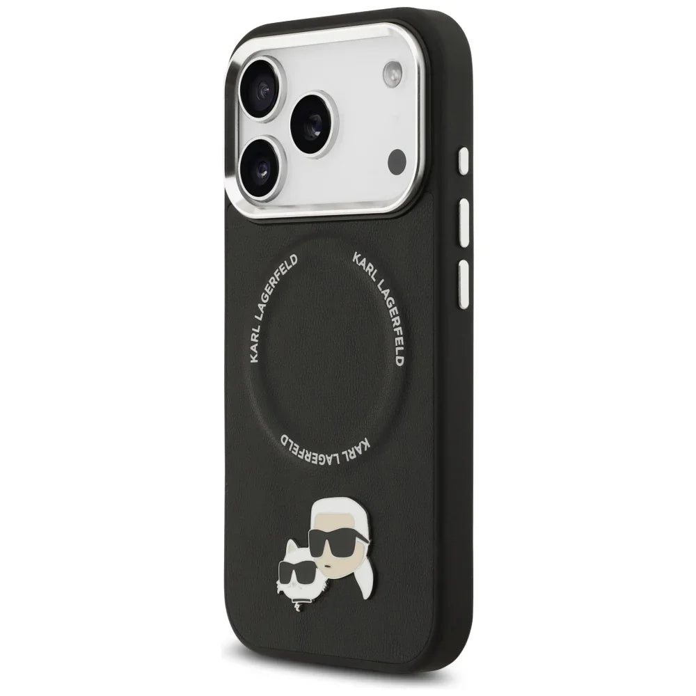 Karl Lagerfeld iPhone 17 Pro Max - Karl and Choupette Pins MagSafe - Σκληρή Θήκη με Επένδυση Συνθετικού Δέρματος - Black