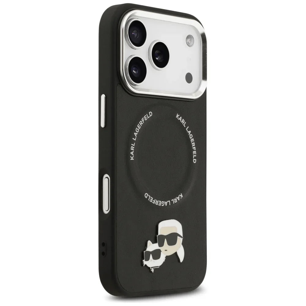 Karl Lagerfeld iPhone 17 Pro Max - Karl and Choupette Pins MagSafe - Σκληρή Θήκη με Επένδυση Συνθετικού Δέρματος - Black