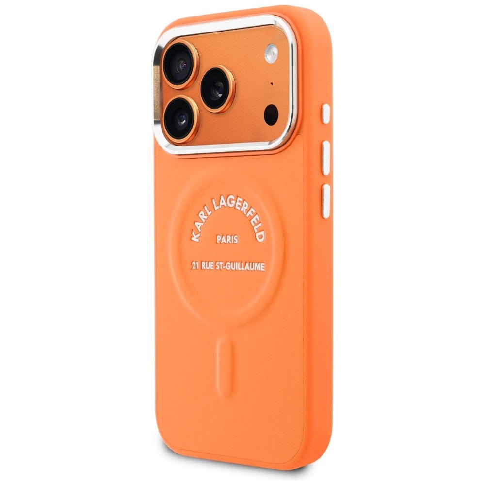 Karl Lagerfeld iPhone 17 Pro Max - Σκληρή Θήκη με Επένδυση Οικολογικού Δέρματος - Karl RSG Logo MagSafe - Orange