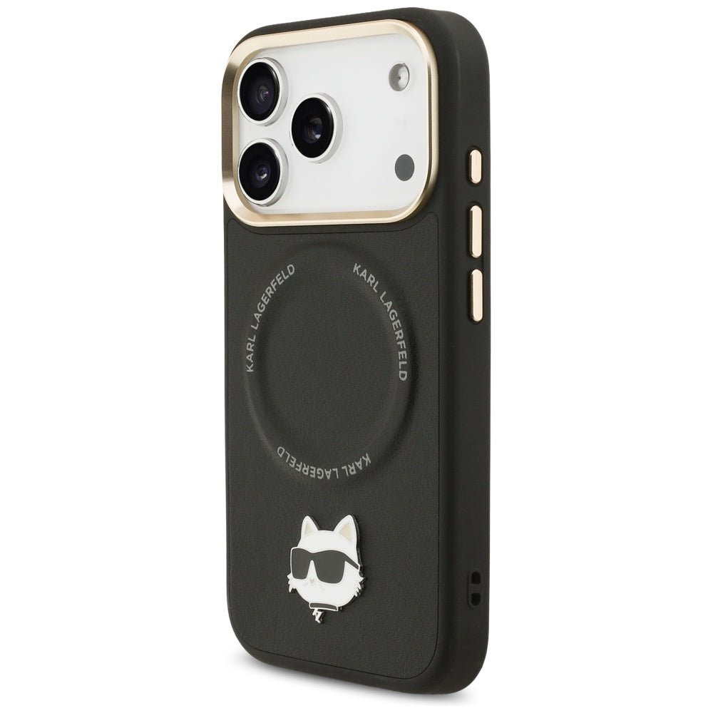 Karl Lagerfeld iPhone 17 Pro Max - Σκληρή Θήκη με Επένδυση Συνθετικού Δέρματος και Λουράκι - Big Strap Choupette Metal Logo MagSafe - Black