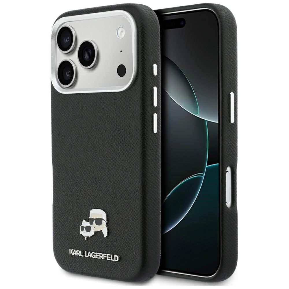 Karl Lagerfeld iPhone 17 Pro Max - Σκληρή Θήκη με Επένδυση Συνθετικού Δέρματος και Πλαίσιο Σιλικόνης - Karl and Choupette Head Pins Saffiano MagSafe - Black