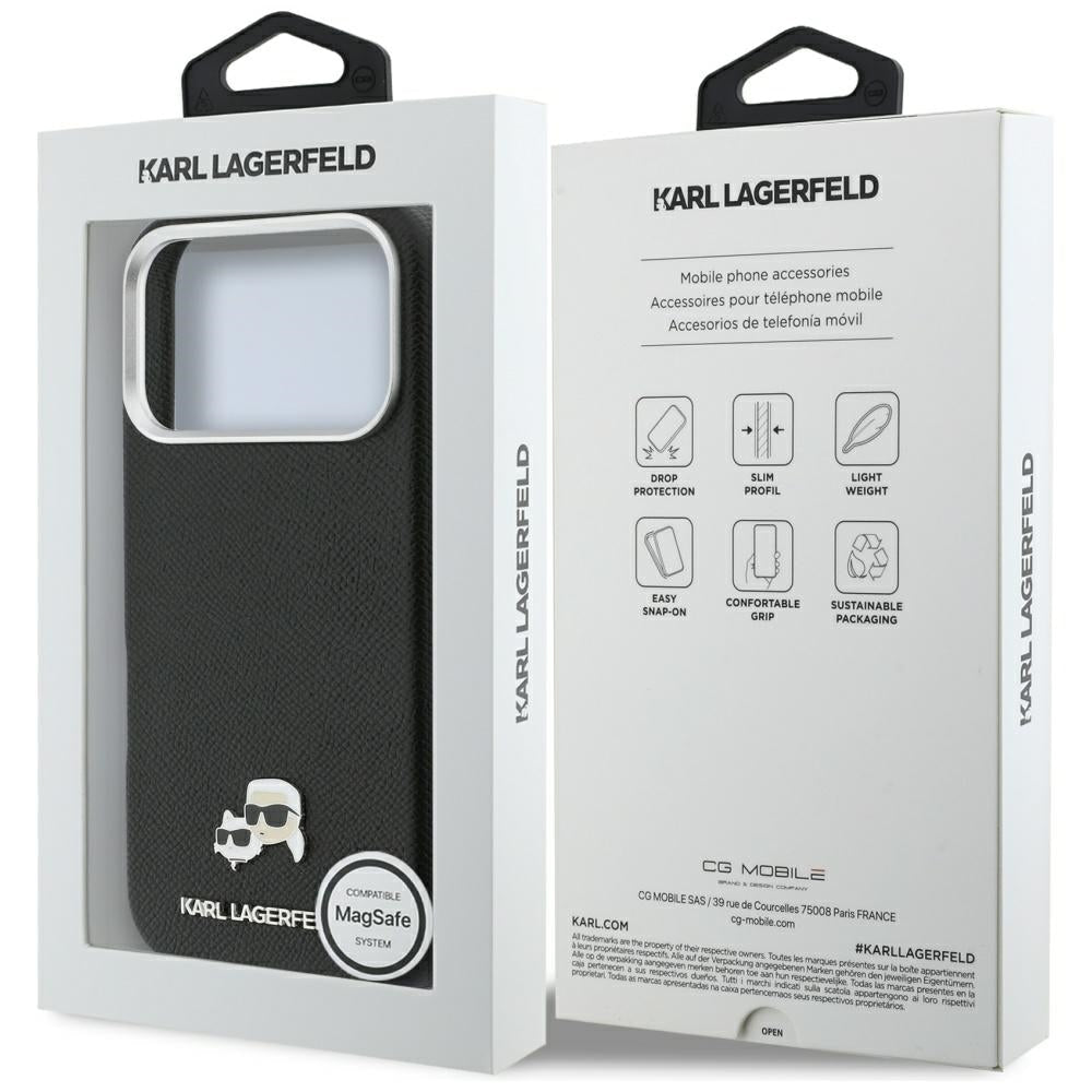 Karl Lagerfeld iPhone 17 Pro Max - Σκληρή Θήκη με Επένδυση Συνθετικού Δέρματος και Πλαίσιο Σιλικόνης - Karl and Choupette Head Pins Saffiano MagSafe - Black