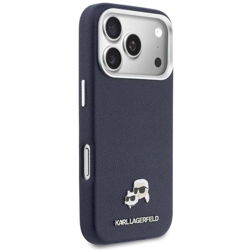 Karl Lagerfeld iPhone 17 Pro Max - Σκληρή Θήκη με Επένδυση Συνθετικού Δέρματος και Πλαίσιο Σιλικόνης - Karl and Choupette Head Pins Saffiano MagSafe - Blue