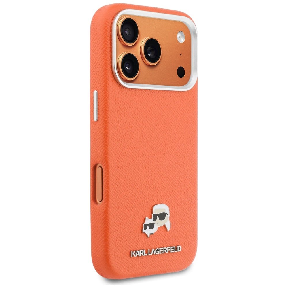 Karl Lagerfeld iPhone 17 Pro Max - Σκληρή Θήκη με Επένδυση Συνθετικού Δέρματος και Πλαίσιο Σιλικόνης - Karl and Choupette Head Pins Saffiano MagSafe - Orange