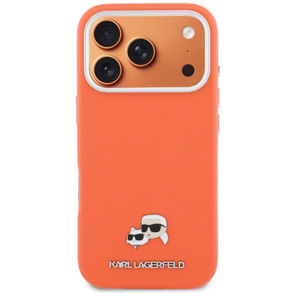 Karl Lagerfeld iPhone 17 Pro Max - Σκληρή Θήκη με Επένδυση Συνθετικού Δέρματος και Πλαίσιο Σιλικόνης - Karl and Choupette Head Pins Saffiano MagSafe - Orange