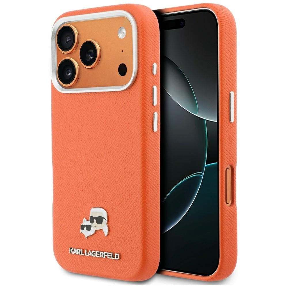 Karl Lagerfeld iPhone 17 Pro Max - Σκληρή Θήκη με Επένδυση Συνθετικού Δέρματος και Πλαίσιο Σιλικόνης - Karl and Choupette Head Pins Saffiano MagSafe - Orange