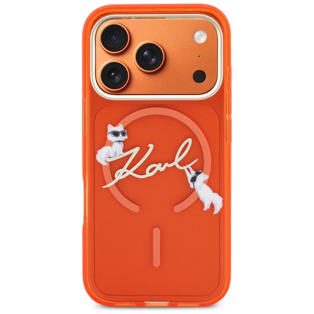 Karl Lagerfeld iPhone 17 Pro Max - Σκληρή Θήκη με Πλαίσιο Σιλικόνης - IML Choupettes Karl Script Logo MagSafe - Orange