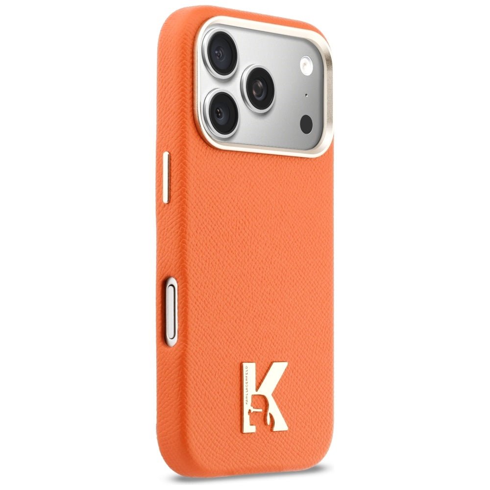 Karl Lagerfeld iPhone 17 Pro - Σκληρή Θήκη με Επένδυση Οικολογικού Δέρματος και MagSafe - Karl Head Logo - Orange