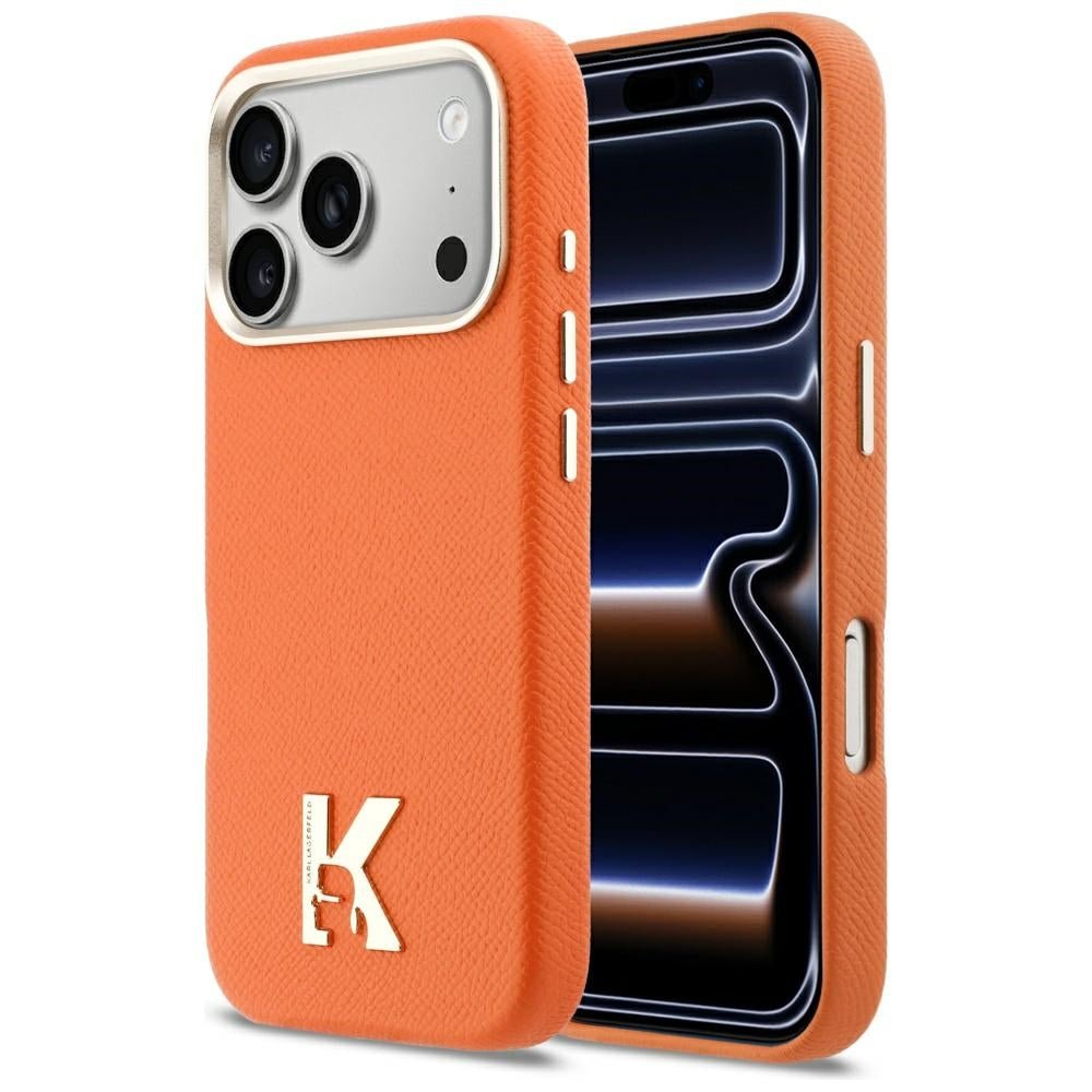 Karl Lagerfeld iPhone 17 Pro - Σκληρή Θήκη με Επένδυση Οικολογικού Δέρματος και MagSafe - Karl Head Logo - Orange