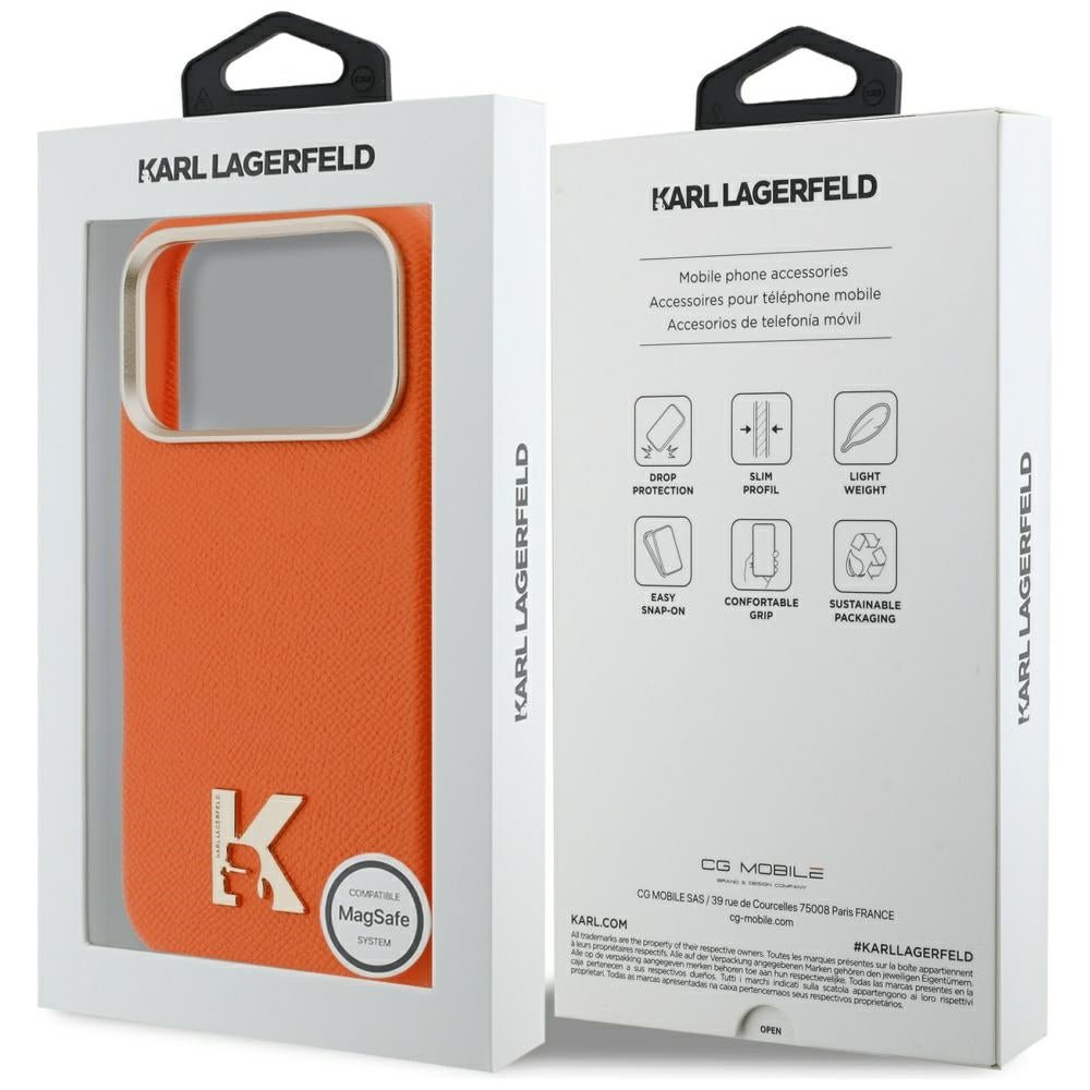 Karl Lagerfeld iPhone 17 Pro - Σκληρή Θήκη με Επένδυση Οικολογικού Δέρματος και MagSafe - Karl Head Logo - Orange