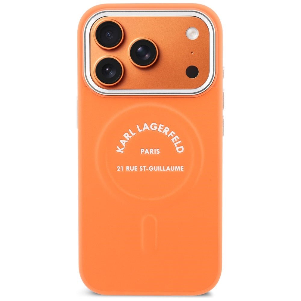 Karl Lagerfeld iPhone 17 Pro - Σκληρή Θήκη με Επένδυση Οικολογικού Δέρματος - Karl RSG Logo MagSafe - Orange