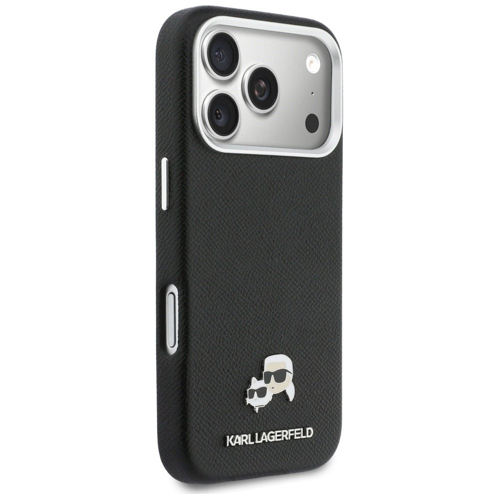 Karl Lagerfeld iPhone 17 Pro - Σκληρή Θήκη με Επένδυση Συνθετικού Δέρματος και Πλαίσιο Σιλικόνης - Karl and Choupette Head Pins Saffiano MagSafe - Black