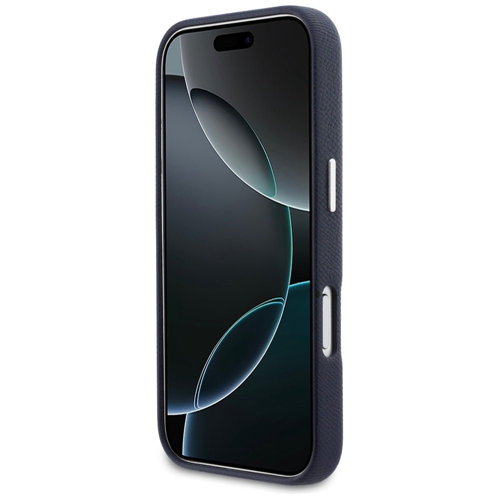 Karl Lagerfeld iPhone 17 Pro - Σκληρή Θήκη με Επένδυση Συνθετικού Δέρματος και Πλαίσιο Σιλικόνης - Karl and Choupette Head Pins Saffiano MagSafe - Blue