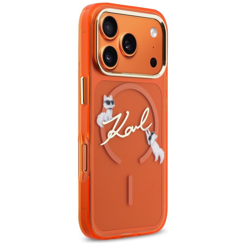 Karl Lagerfeld iPhone 17 Pro - Σκληρή Θήκη με Πλαίσιο Σιλικόνης - IML Choupettes Karl Script Logo MagSafe - Orange