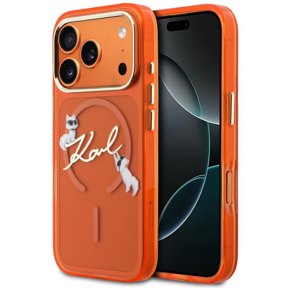 Karl Lagerfeld iPhone 17 Pro - Σκληρή Θήκη με Πλαίσιο Σιλικόνης - IML Choupettes Karl Script Logo MagSafe - Orange