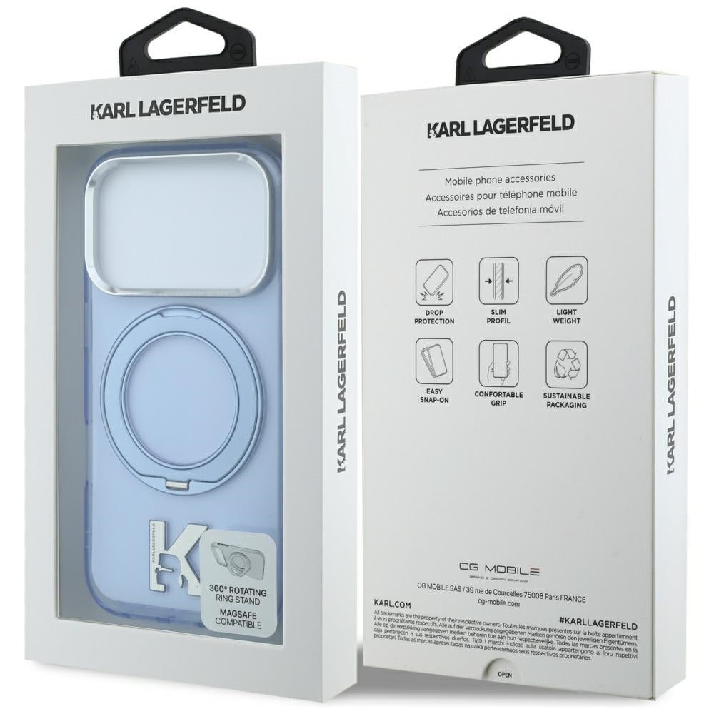 Karl Lagerfeld iPhone 18 Pro / iPhone 17 Pro - Σκληρή Θήκη με Πλαίσιο Σιλικόνης και Δαχτυλίδι Συγκράτησης MagSafe - IML Ring Stand 360 Kameo Metal - Blue
