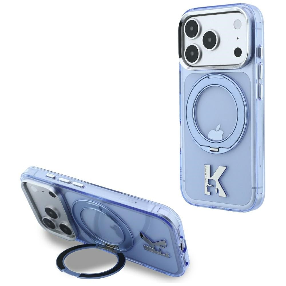 Karl Lagerfeld iPhone 18 Pro / iPhone 17 Pro - Σκληρή Θήκη με Πλαίσιο Σιλικόνης και Δαχτυλίδι Συγκράτησης MagSafe - IML Ring Stand 360 Kameo Metal - Blue