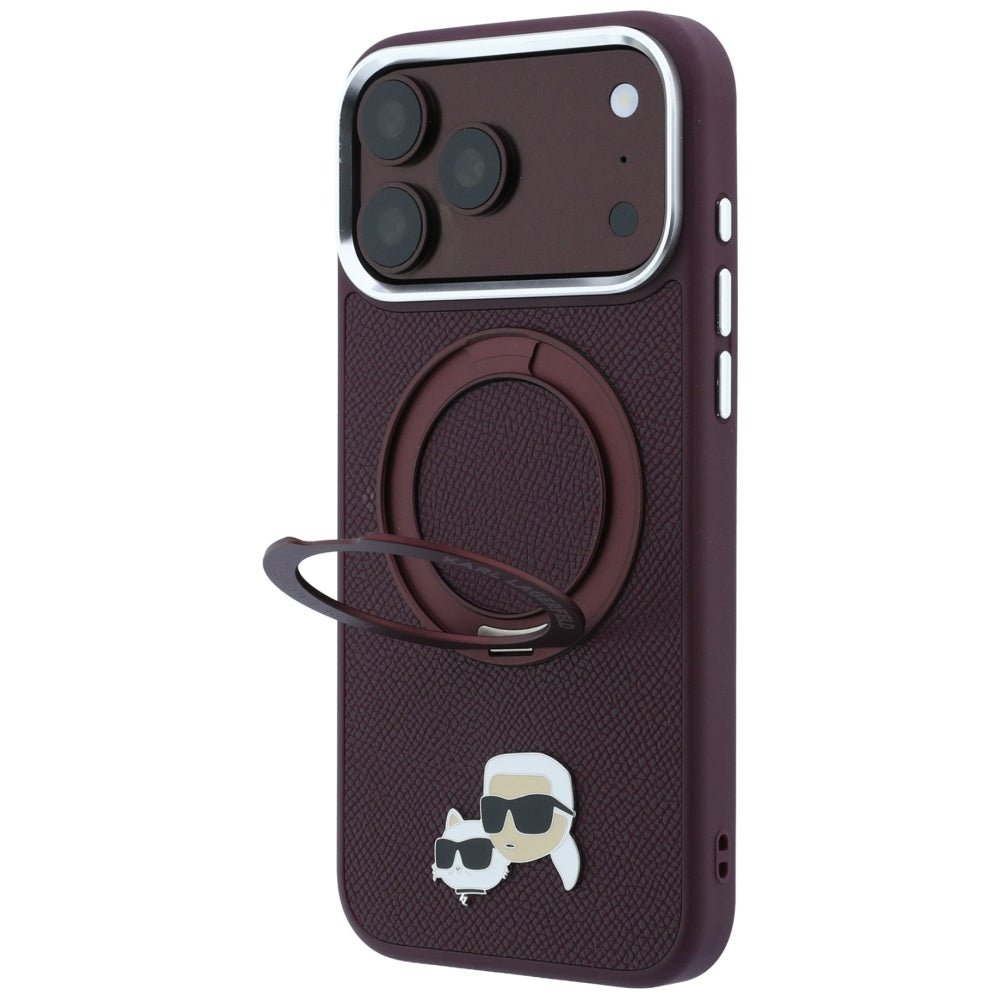 Karl Lagerfeld iPhone 18 Pro / iPhone 17 Pro - Σκληρή Θήκη με Πλαίσιο Σιλικόνης και Δαχτυλίδι Συγκράτησης MagSafe - Ring Stand 360 Karl and Choupette Heads Pin - Burgundy