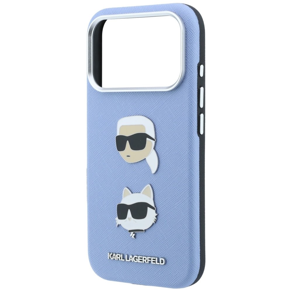 Karl Lagerfeld iPhone 18 Pro Max / iPhone 17 Pro Max - Σκληρή Θήκη με Επένδυση Συνθετικού Δέρματος και Πλαίσιο Σιλικόνης - Saffiano with Karl and Choupette Heads Pins and Logo - Blue