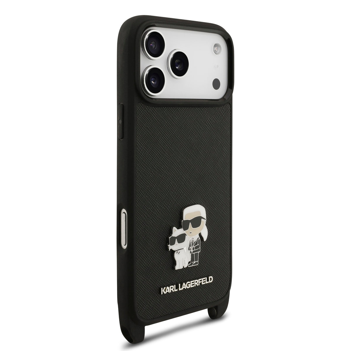 Karl Lagerfeld iPhone 17 Pro / iPhone 18 Pro - Σκληρή Θήκη με Επένδυση Συνθετικού Δέρματος και Πλαίσιο Σιλικόνης - Saffiano Crossbody Strap Metal Karl and Choupette - Black