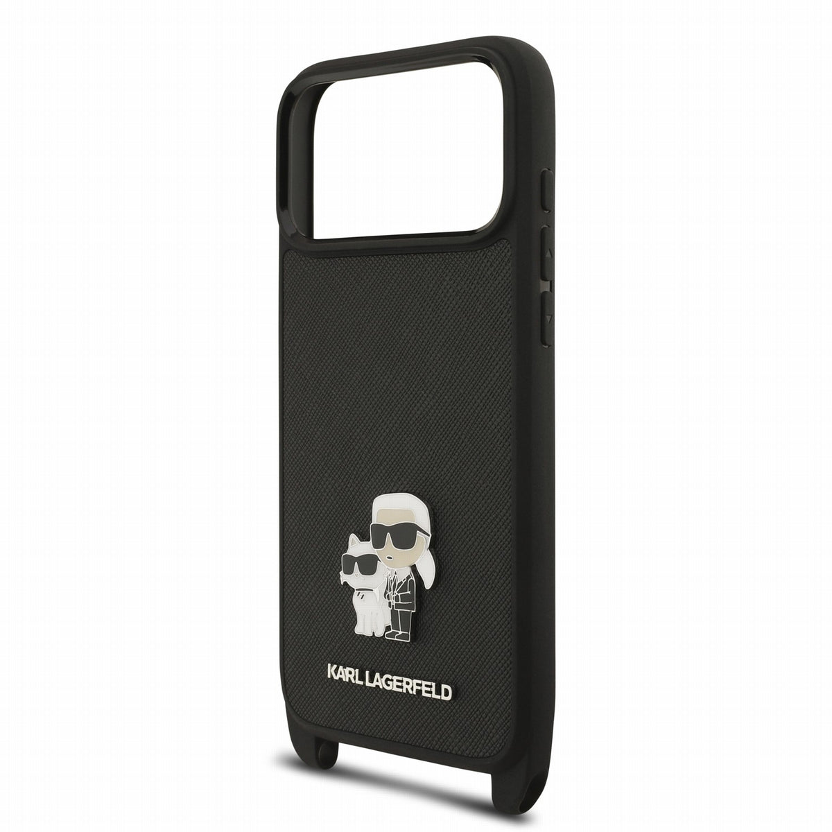 Karl Lagerfeld iPhone 17 Pro / iPhone 18 Pro - Σκληρή Θήκη με Επένδυση Συνθετικού Δέρματος και Πλαίσιο Σιλικόνης - Saffiano Crossbody Strap Metal Karl and Choupette - Black