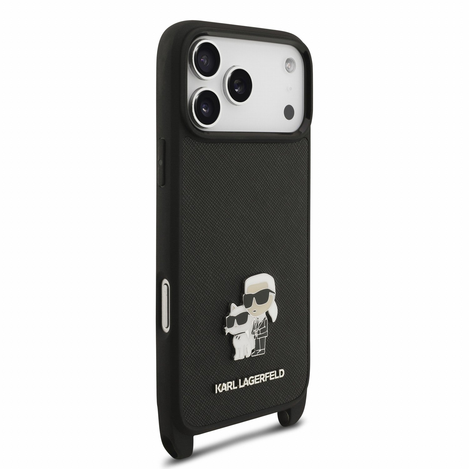 Karl Lagerfeld iPhone 17 Pro Max / iPhone 18 Pro Max - Σκληρή Θήκη με Επένδυση Συνθετικού Δέρματος και Πλαίσιο Σιλικόνης - Saffiano Crossbody Strap Metal Karl and Choupette - Black