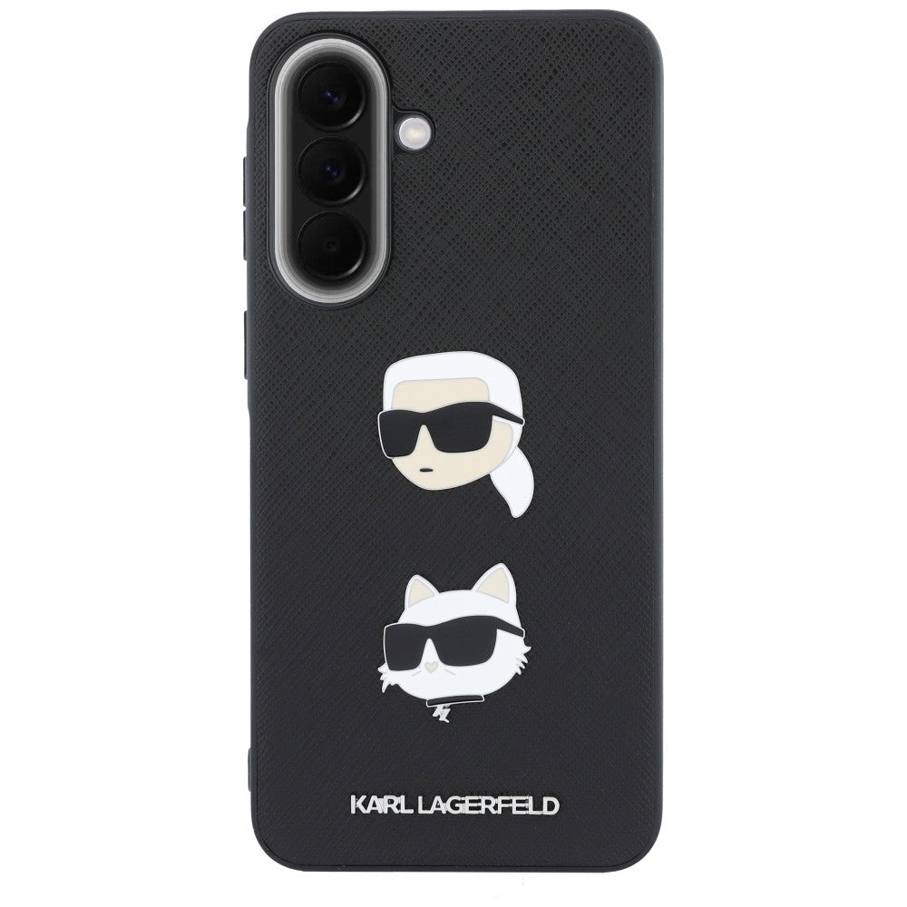 Karl Lagerfeld Samsung Galaxy A57 5G - Σκληρή Θήκη με Επένδυση Συνθετικού Δέρματος και Πλαίσιο Σιλικόνης - Karl and Choupette Heads Pins and Logo - Black