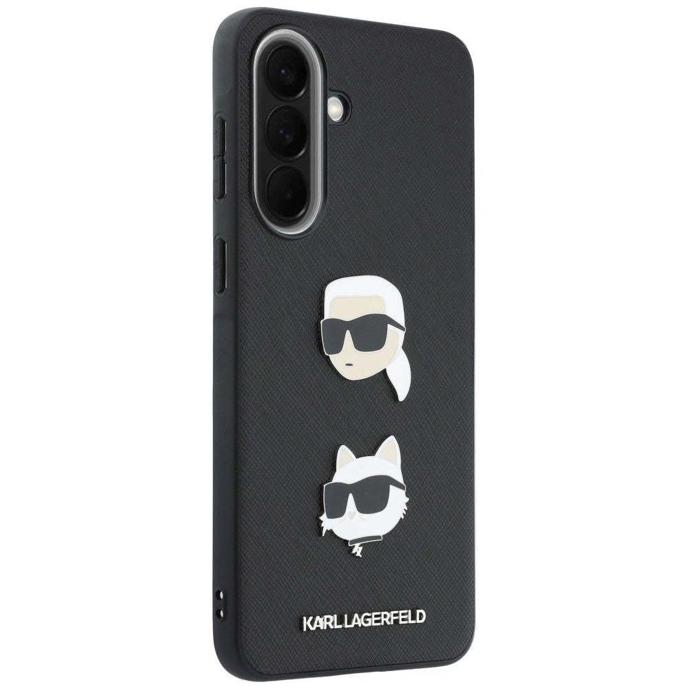 Karl Lagerfeld Samsung Galaxy A57 5G - Σκληρή Θήκη με Επένδυση Συνθετικού Δέρματος και Πλαίσιο Σιλικόνης - Karl and Choupette Heads Pins and Logo - Black