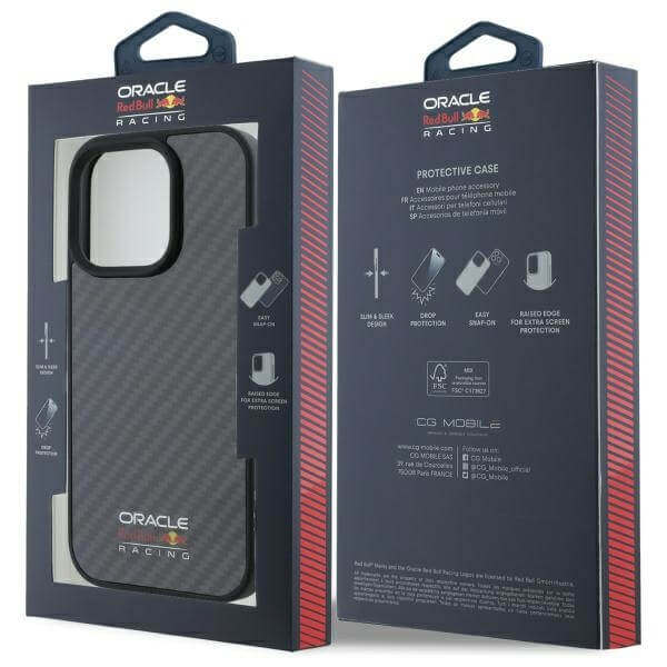 Red Bull iPhone 16 Pro Max - Carbon Fiber Shiny Logo - MagSafe Σκληρή Θήκη με Πλαίσιο Σιλικόνης - Black - RBHMP16X24CFILSK