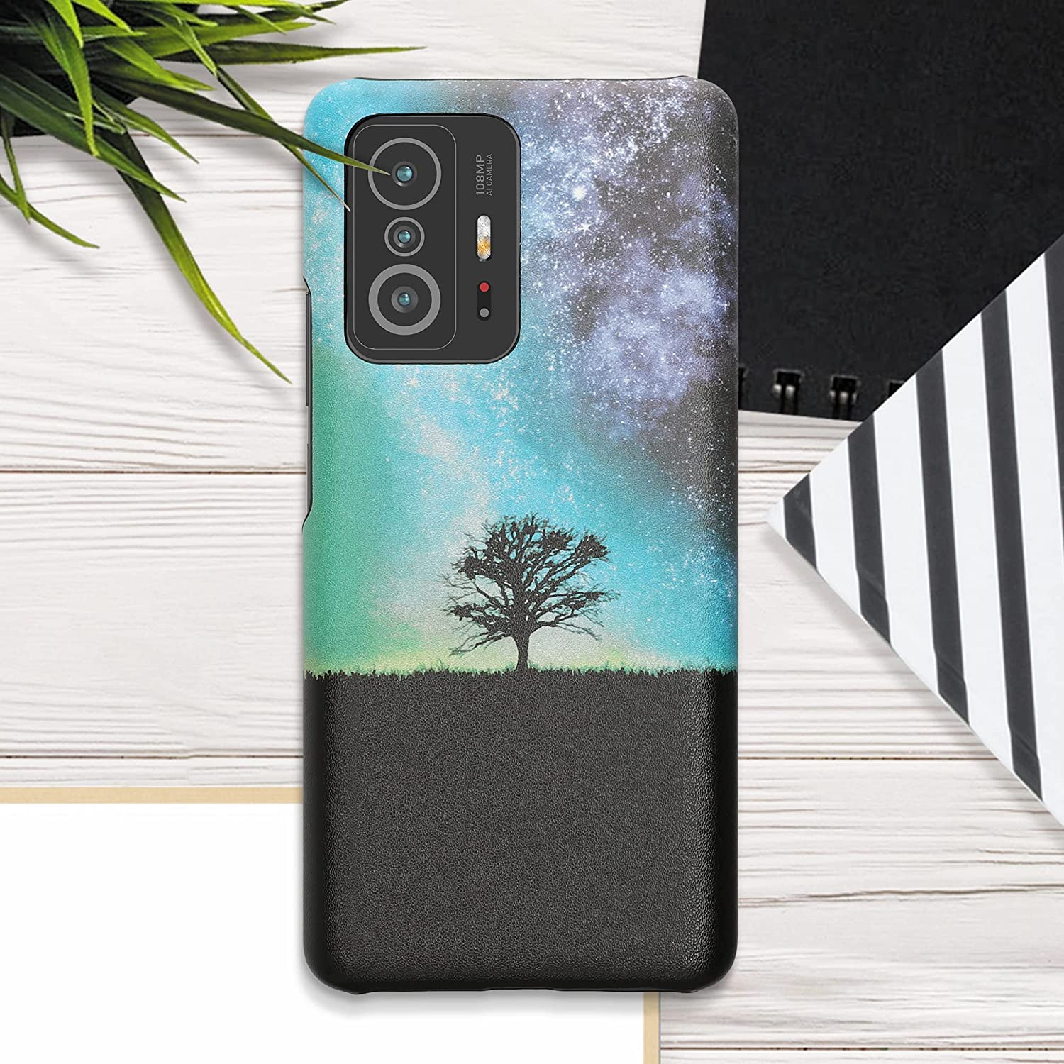 KW Xiaomi 11T / 11T Pro Σκληρή Θήκη με Επένδυση Συνθετικού Δέρματος - Design Galaxy Tree Meadow - Blue / Grey / Black - 57840.02