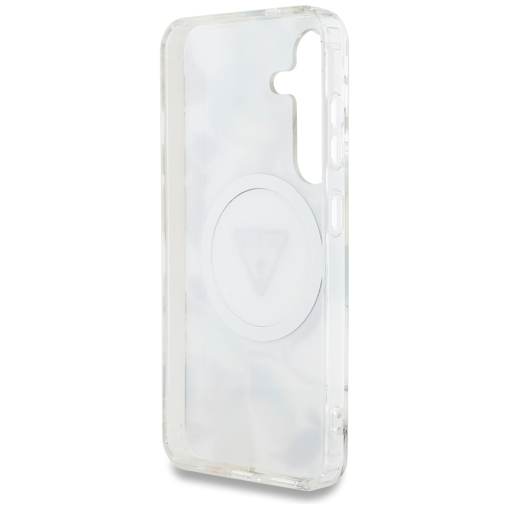 Guess Samsung Galaxy S25 - Glitter Flowers Triangle Buttons MagSafe - Σκληρή Θήκη με Πλαίσιο Σιλικόνης - White - GUHMS25SHFLPEDH