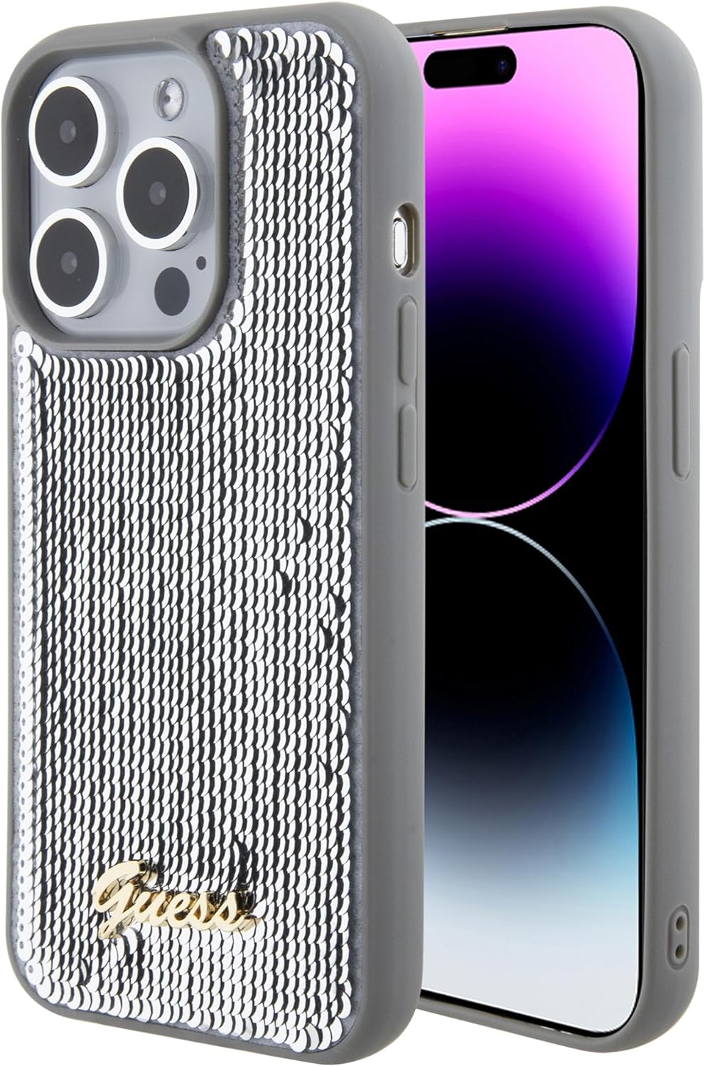 Guess iPhone 15 Pro Max - Sequin Script Metal Σκληρή Θήκη με Επένδυση από Παγέτες - Silver - GUHCP15XPSFDGSS