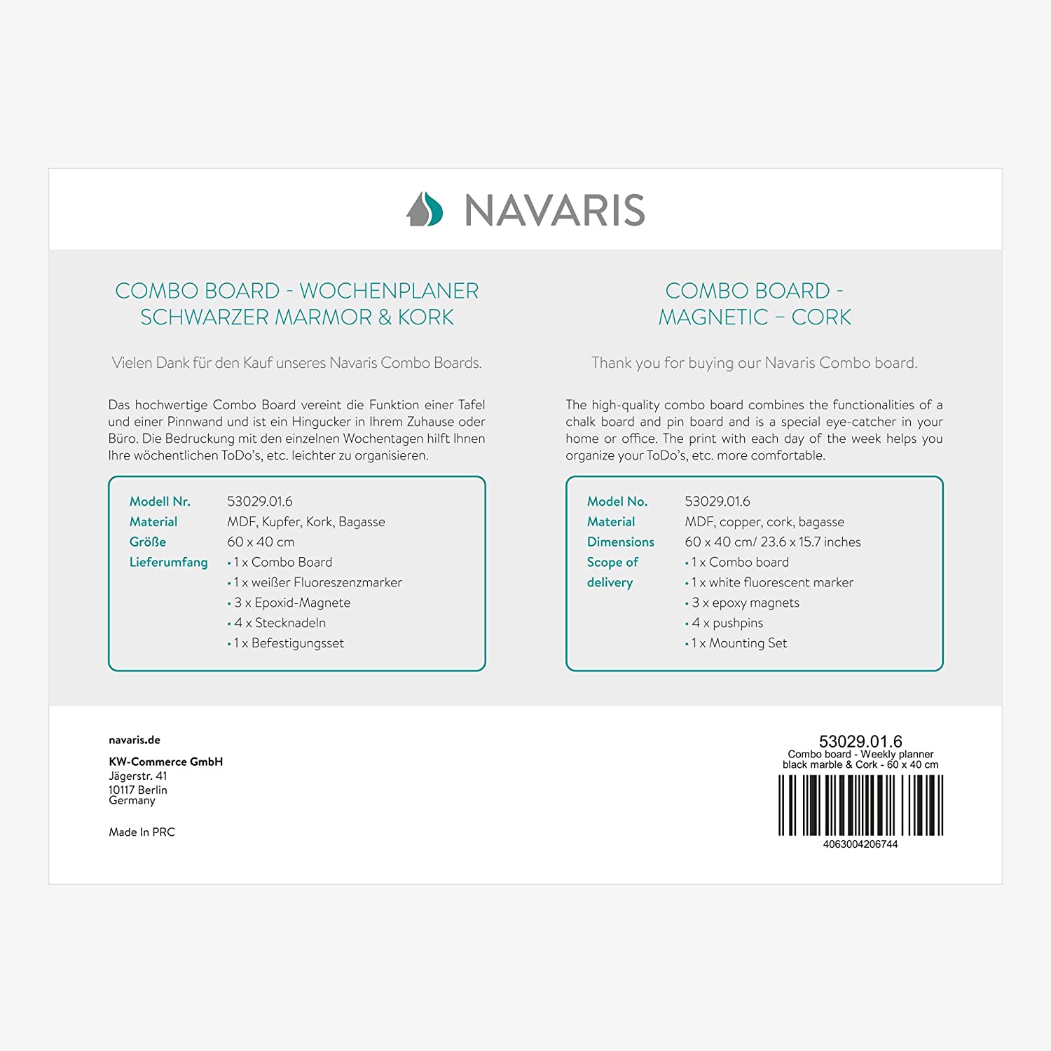 Navaris Πίνακας Εβδομαδιαίου Χρονοδιαγράμματος με Μαγνητικό Πίνακα και Πίνακα από Φελλό - Black Marble - 53029.01.6